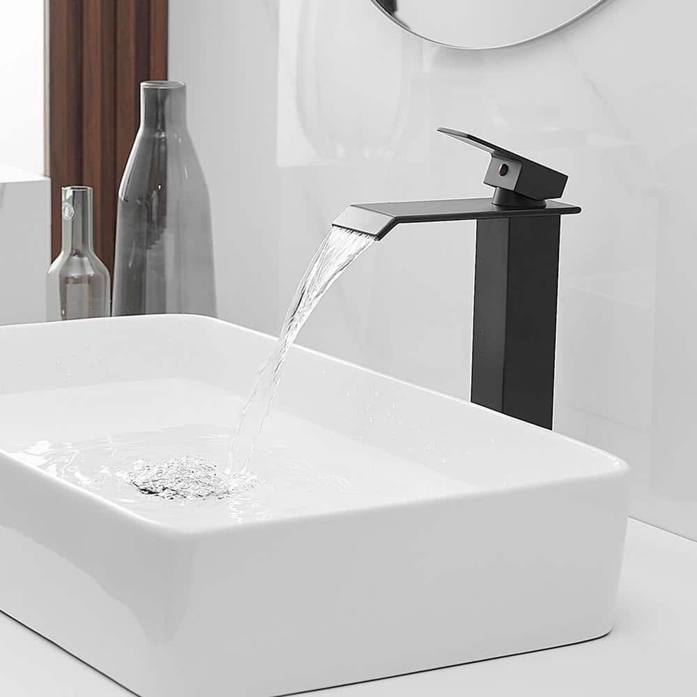 Matte Black Tall Waterfall Vessel Sink Faucet with Pop-Up Drain