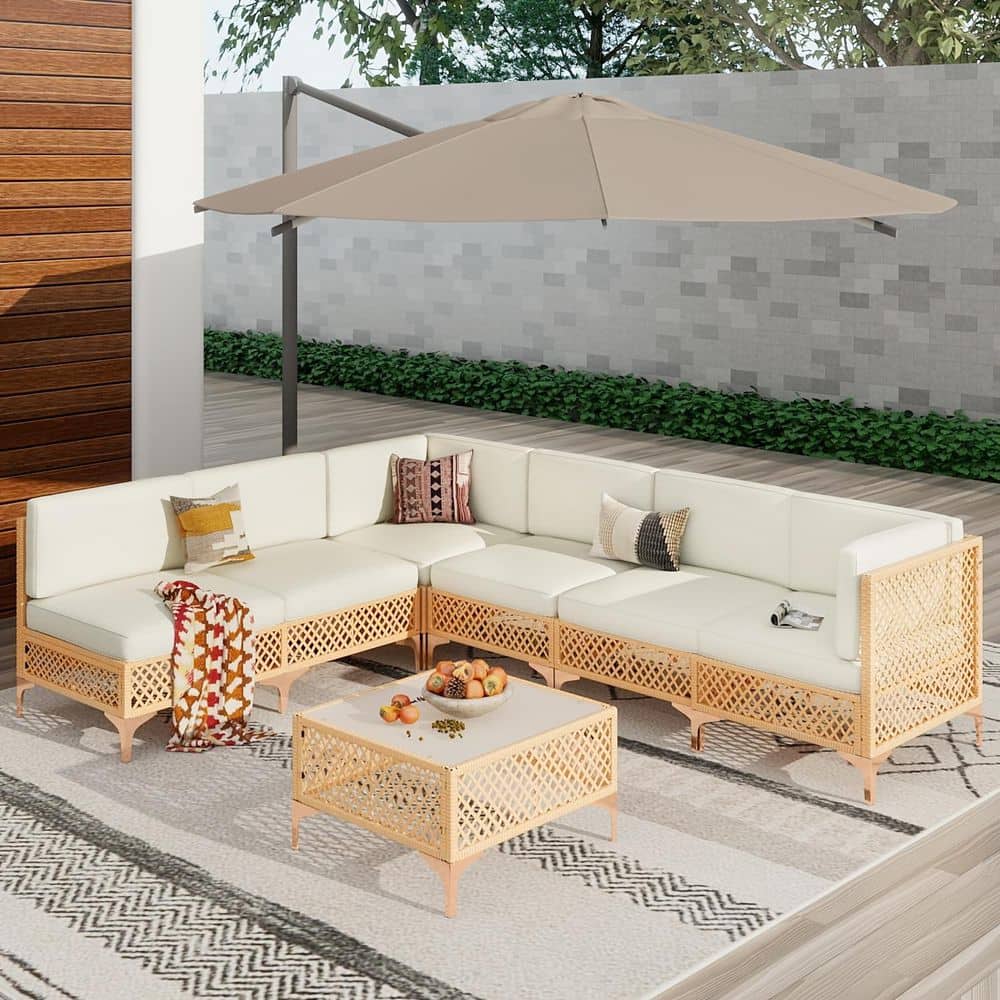 Brown 7-Piece Outdoor PE Rattan Wicker Patio Conversation Set with Beige Cushions and Coffee Table price history on PriceWatchPro