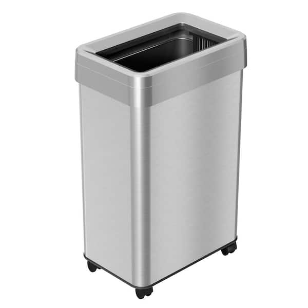 16 Gal. / 61 Liter Stainless Steel Rectangular Open Top Household Metal Trash Can with Wheels and Odor Filter