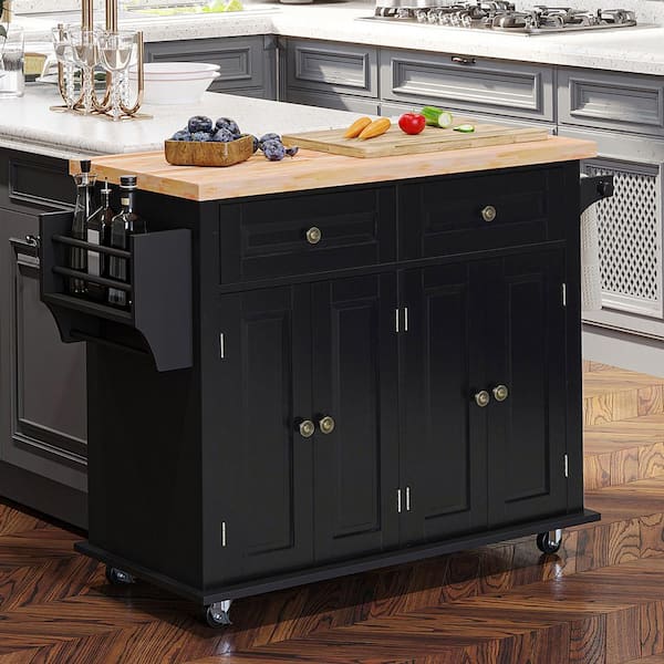 Rolling Black Rubberwood Top 44 in. Kitchen Island with Drawers and Adjustable Shelves