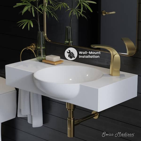 Chateau 29.31 in. Right Side Faucet Wall-Mount Ceramic Rectangular Bathroom Vessel Sink in Glossy White