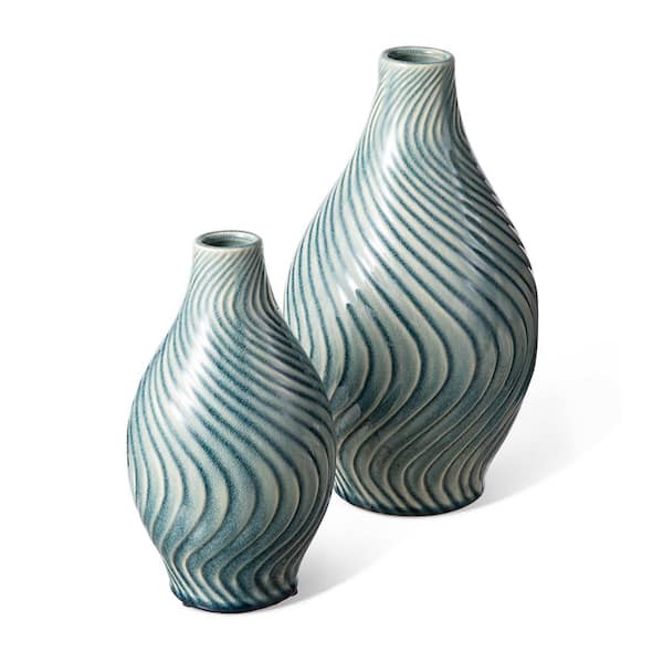 Glitzhome Modern Spiraling Artistry Turquoise Ceramic Table Vases (Set of 2)