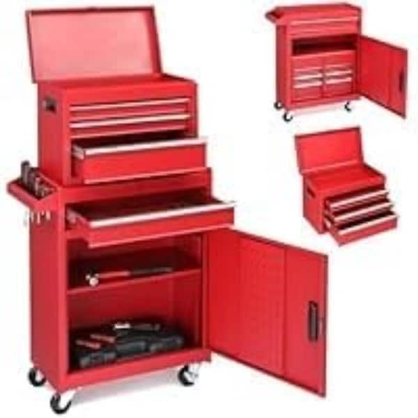 Rolling Metal Tool Chest, 4‑Drawer Lockable Red Steel Cabinet with Drawer Liners for Garage Workshop
