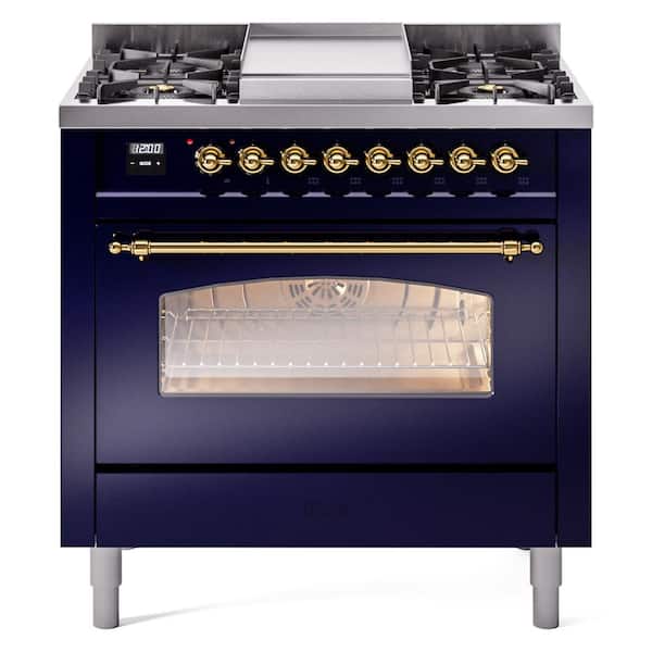 ILVE Nostalgie II 36 in. 6 Burner+Griddle Freestanding Dual Fuel Liquid Propane Range in Midnight Blue with Brass Trim