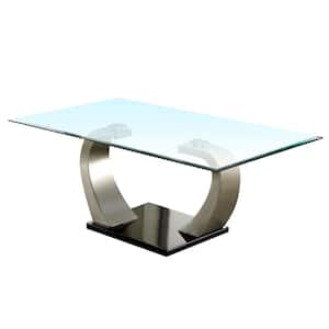 Roxo 50 in. Satin Plated/Black Large Rectangle Glass Coffee Table with Pedestal Base