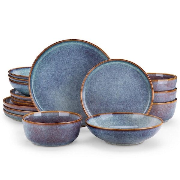 16-Piece Bluish Grey Stoneware Dinnerware Set Service for 4-Dishware Dishes Set with Plates and Bowls for Kitchen Dining