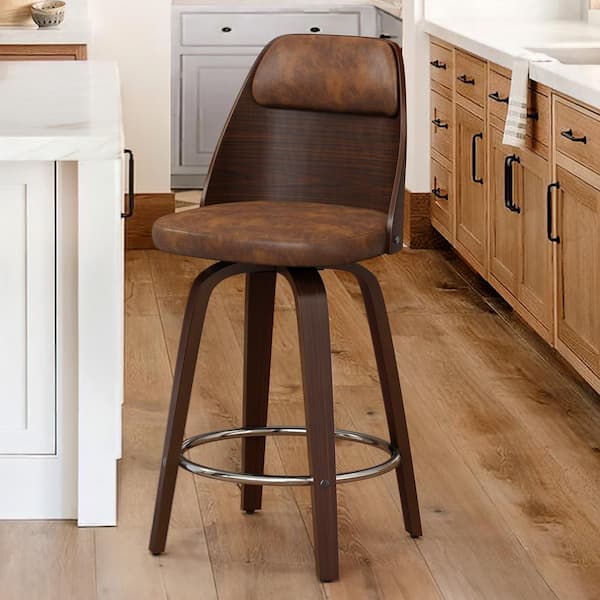 Unbranded Edward 26 in. Yellow Brown Faux Leather Swivel Bar Stool Solid Wood Walnut Frame Counter Height Bar Stool