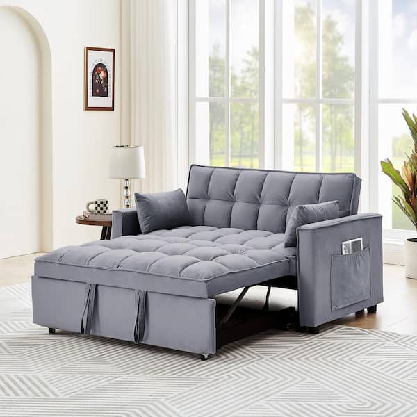55 in. W, 3-in-1 Convertible Velvet Sleeper Sofa Bed with 2-Pillows, Dark Gray, 2-Seater Loveseat