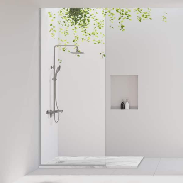 60 in. L x 32 in. W x 1.125 in. H Alcove Solid Composite Stone Shower Pan Base with L/R Drain in Carrara Sand