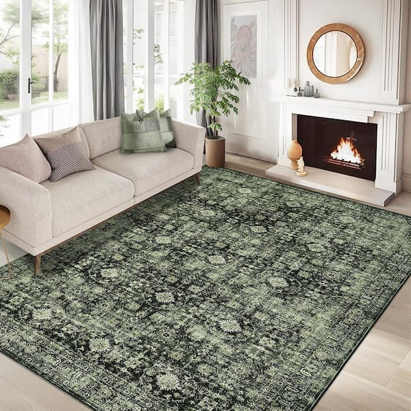 Traditional Floral Rug Low Pile Non Slip Thin Carpet Soft Foldable Indoor Carpet for Bedroom Office Green，10X13ft