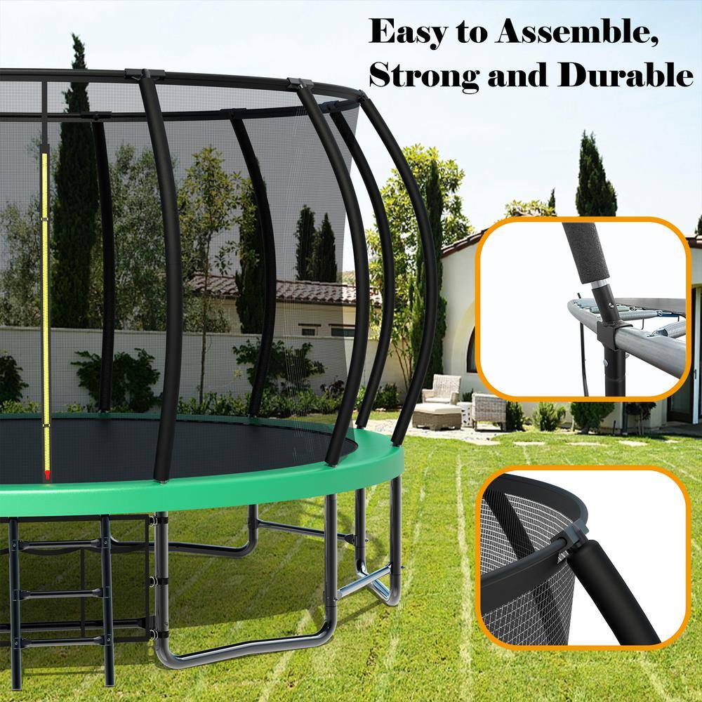 16FT Green Round Trampoline with Enclosure Net and Ladder
