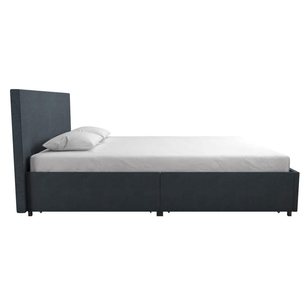 Elegant Navy Blue Linen Queen Storage Bed with Upholstered Headboard