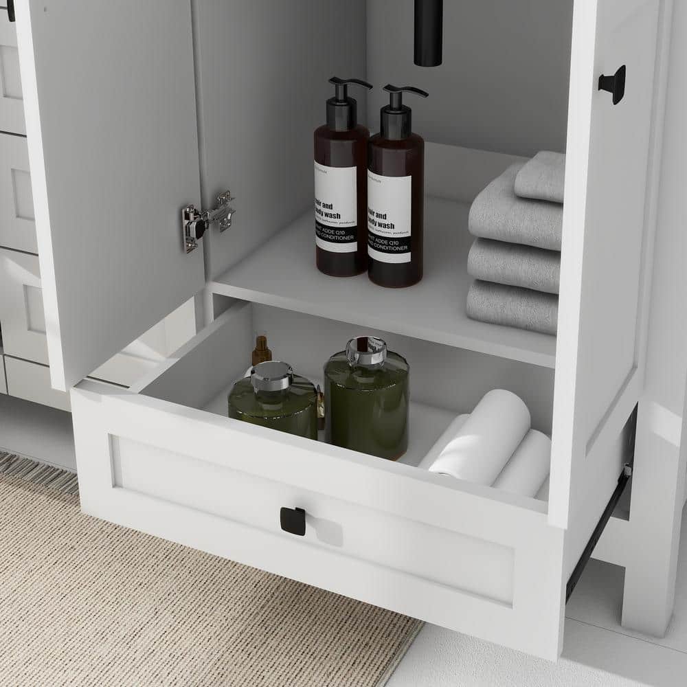 White MDF Double Sink Bathroom Vanity with Resin Top and Black Hardware