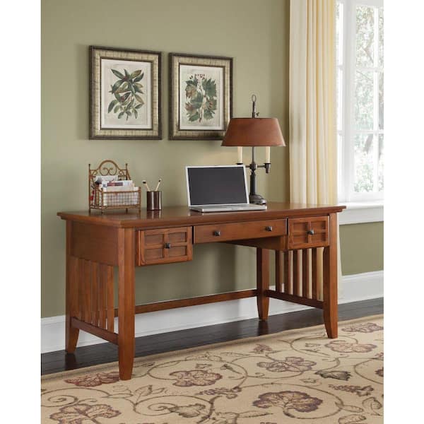 HOMESTYLES 54 in. Cottage Oak Rectangular 3 -Drawer Writing Desk with Keyboard Tray
