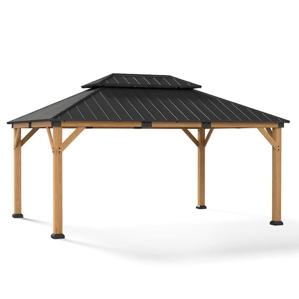 12 ft. W x 16 ft. D Hardtop Cedar Wood Gazebo with Double Roof, Galvanized Steel Panels, Heavy-Duty Outdoor Pavilion