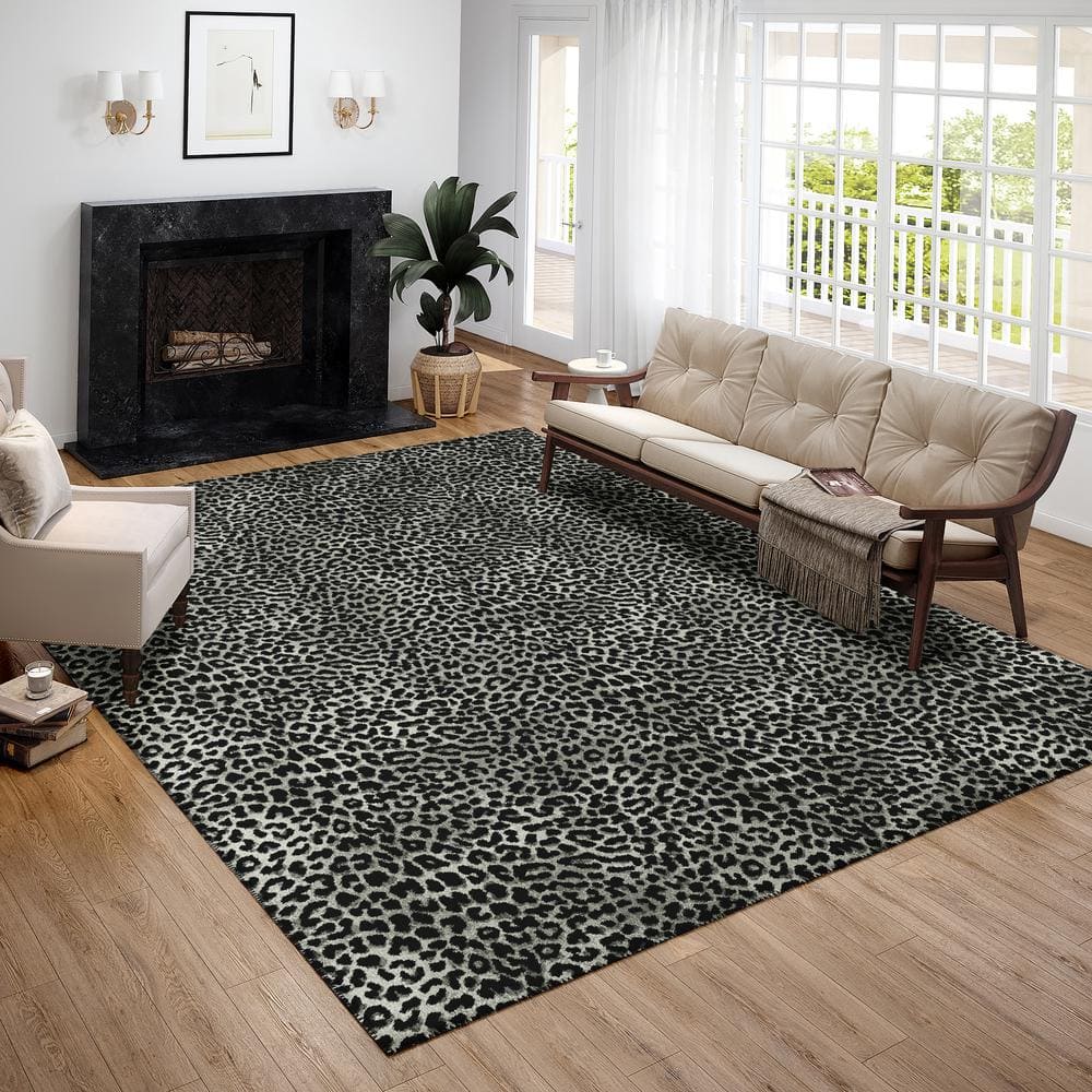 Safari Shadow Black and Gray Leopard Print 3' x 5' Washable Rug