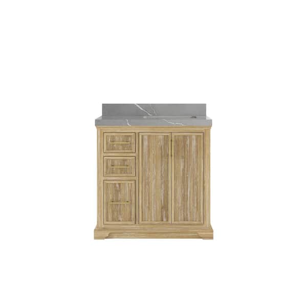 Willow Collections Alys Teak 36 in. W x 22 in. D x 36 in. H Right Sink Bath Vanity in Whitewashed with 2 in. Piatra Gray qt. Top