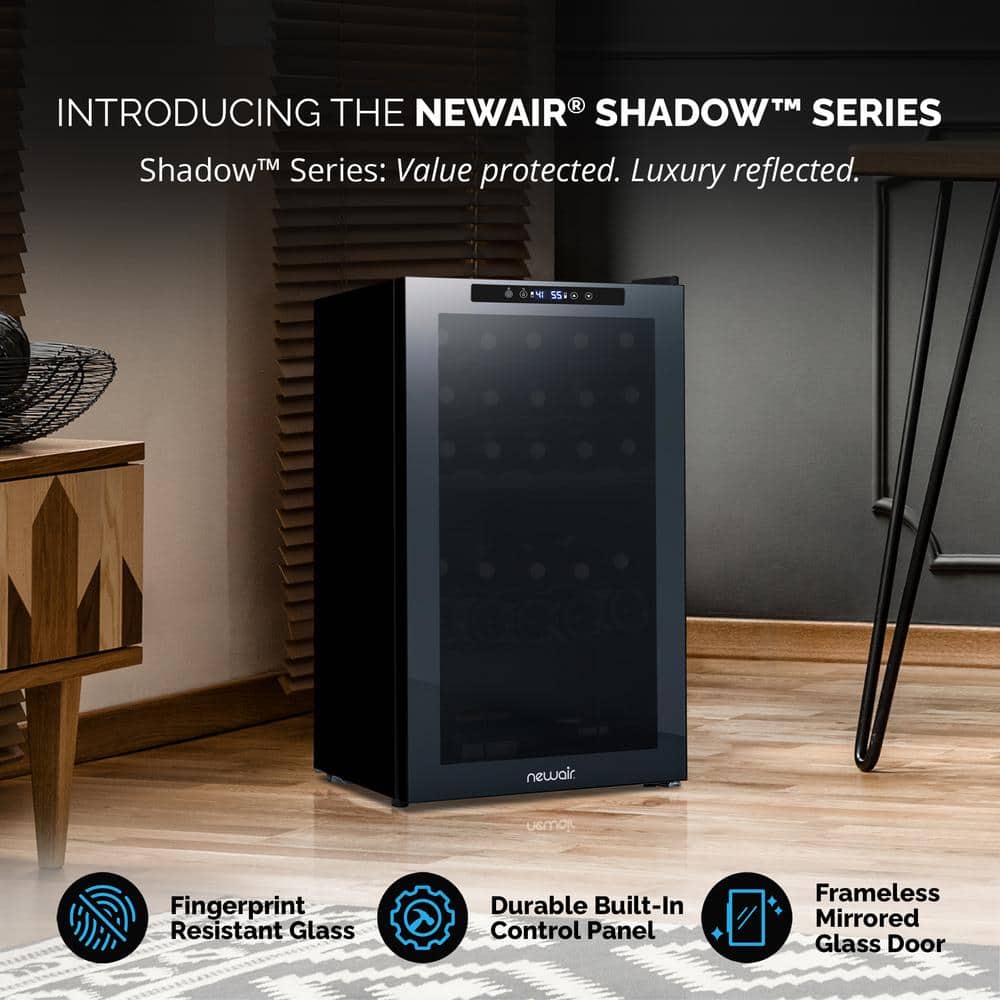 Newair 33 Bottle Black Freestanding Wine Refrigerator with Mirrored Glass Door