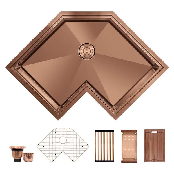 Copper 16 Gauge Stainless Steel 30 in. Single Bowl Corner Undermount Workstation Kitchen Sink with Accessories