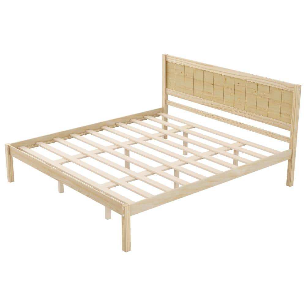 Natural Pine Wood Frame King Platform Bed with Headboard and Wood Slat Support durable construction