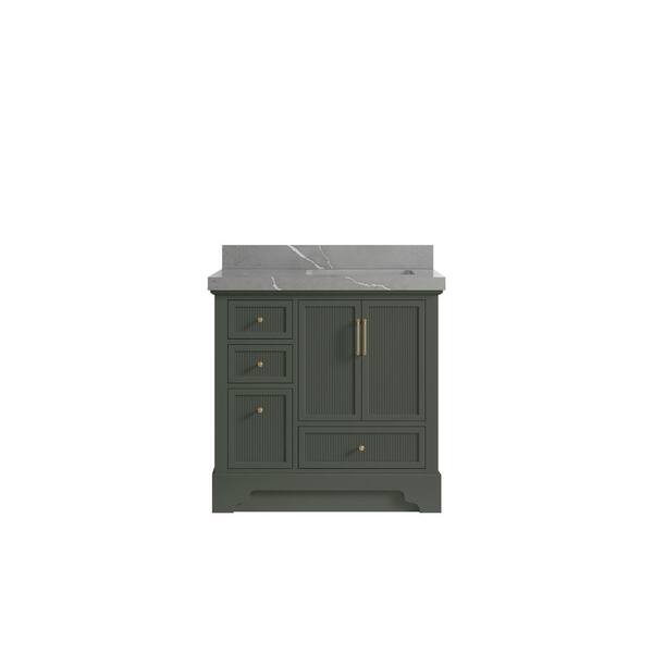 Willow Collections Alys 36 in. W x 22 in. D x 36 in. H Right Offset Sink Bath Vanity in Pewter Green with 2 in. Piatra Qt. Top