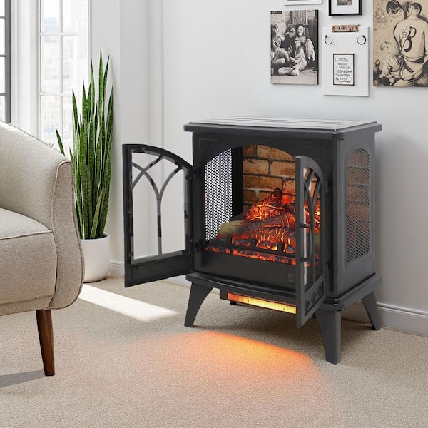 24 in. Freestanding Infrared Quartz Electric Fireplace Stove with Remote Control and 3D Flame in Antique Black