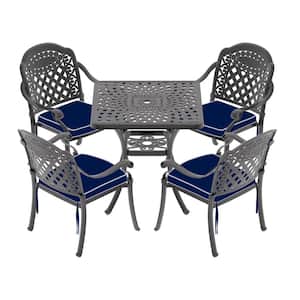 Isabella Black 5-Piece Cast Aluminum Outdoor Dining Set with Square Table and Dining Chairs with Random Color Cushion