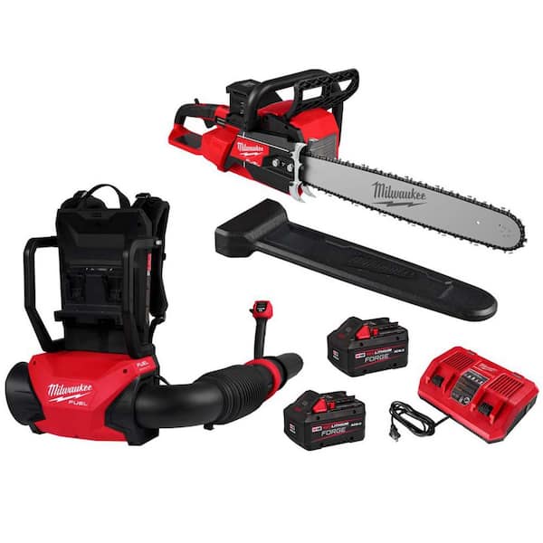 M18 FUEL 18V Brushless Cordless 20 in. Dual Battery Chainsaw Kit w/ Backpack Blower, (2) 8.0 Ah Batteries, Rapid Charger