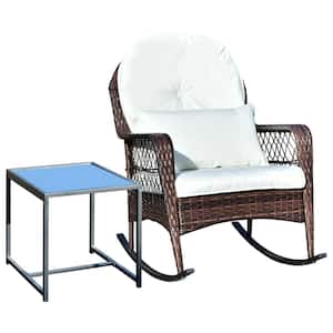 Brown Wicker Outdoor Rocking Chair with White Cushion Chair and Coffee Table