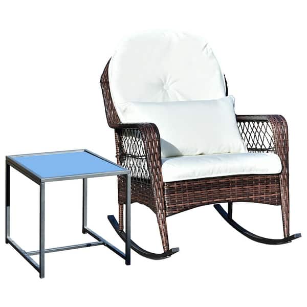 PATIOGUARDER Brown Wicker Outdoor Rocking Chair with White Cushion Chair and Coffee Table