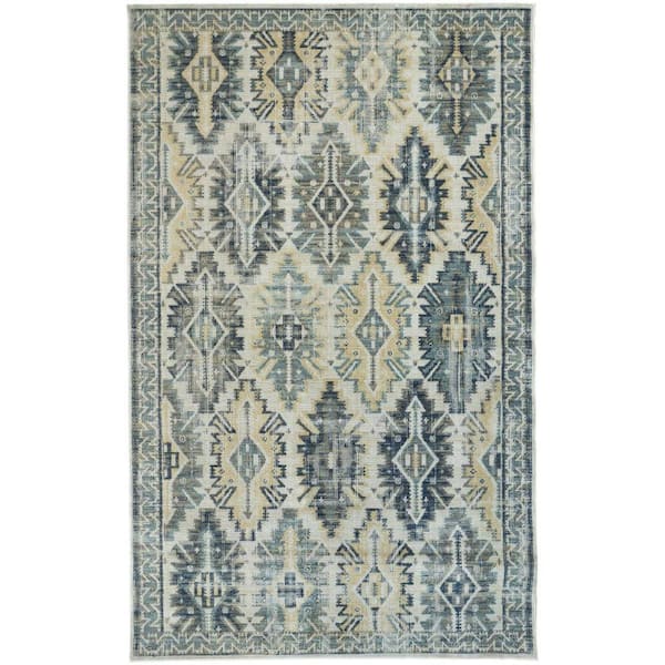 Ivory Green and Blue 13 ft. x 15 ft. Medallion Indoor/Outdoor Area Rug