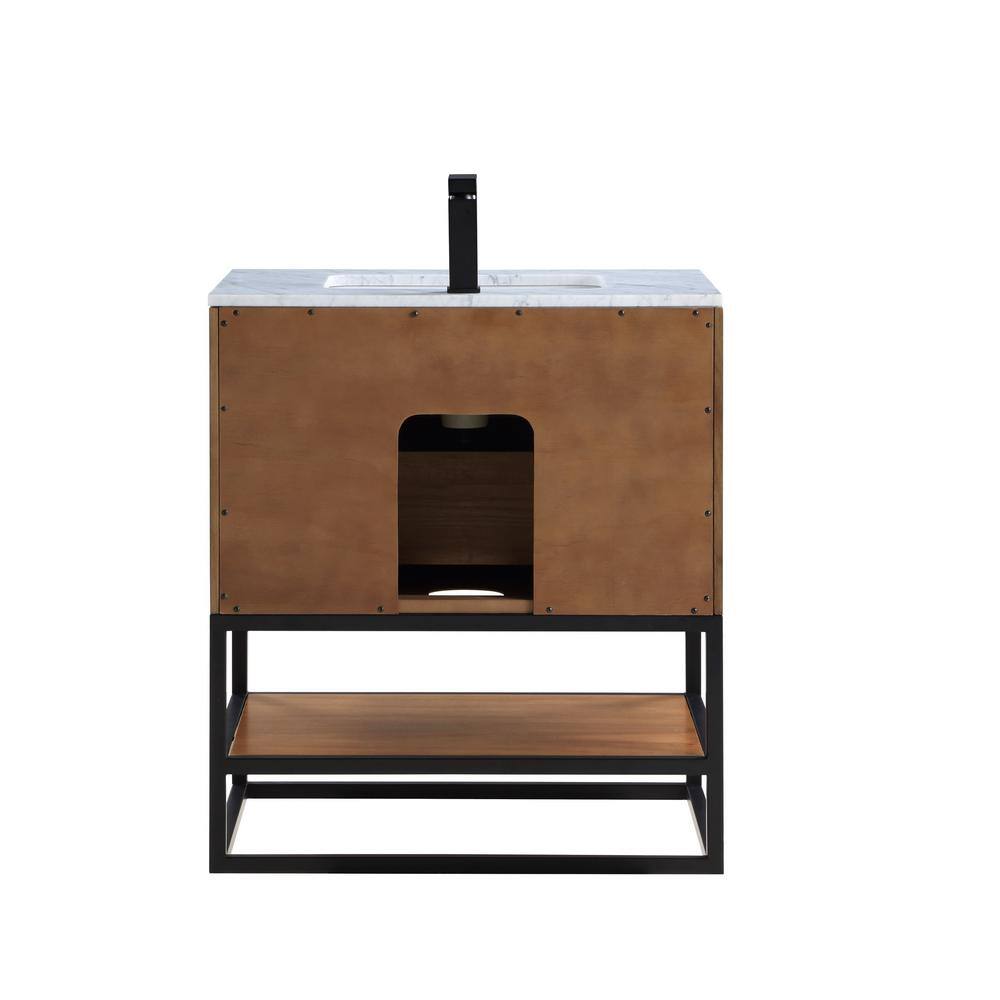 Terra Walnut and Matte Black Single Bathroom Vanity with Carrara Marble Top