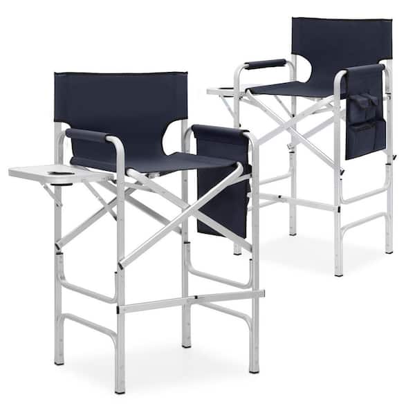 Set of 2 Blue Aluminum Foldable Tall Camping/Fishing Chair with Cup Holder Tray and Pocket (23.5 in. W x 44.5 in. H)