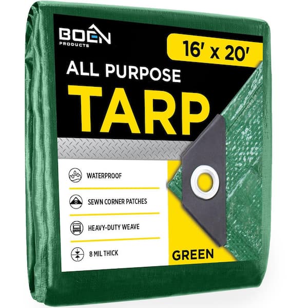 BOEN 16 ft. x 20 ft. Multi-Purpose Green Poly Tarp Cover 8 Mil Thick Weave Material, Waterproof