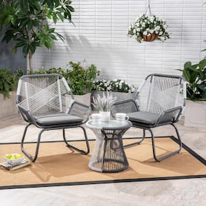 Set of 3 Braided Rope Outdoor Club Lounge Chairs with Coffee Table for Patio Lawn Backyard with Cushions, Gray