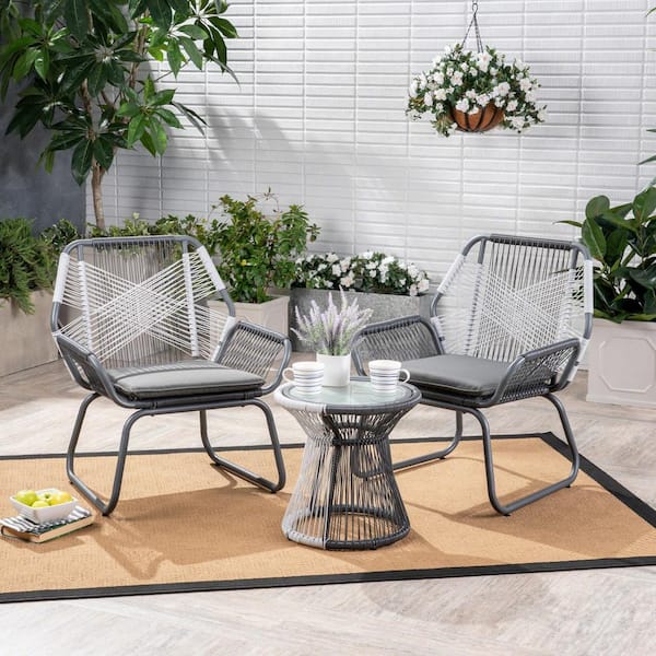 Unbranded Set of 3 Braided Rope Outdoor Club Lounge Chairs with Coffee Table for Patio Lawn Backyard with Cushions, Gray