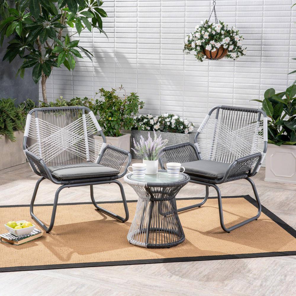 Set of 3 Braided Rope Outdoor Club Lounge Chairs with Coffee Table for Patio Lawn Backyard with Cushions, Gray price history on PriceWatchPro