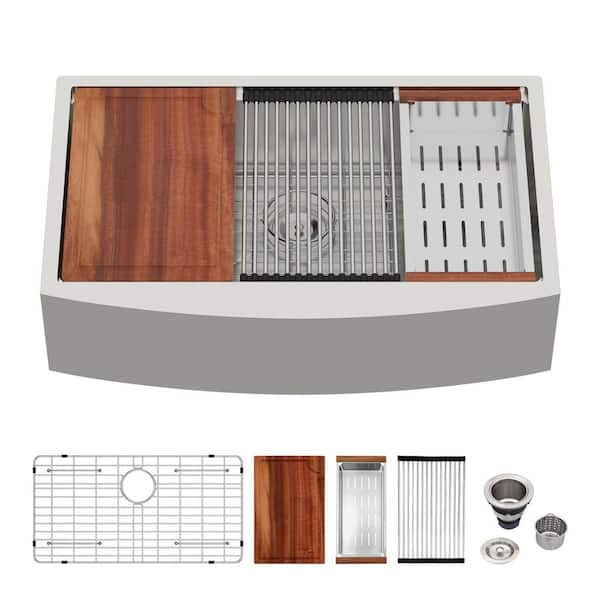 Sarlai 30 in. Farmhouse Top Mount Single Bowl 18-Gauge Brushed Nickel Stainless Steel Kitchen Sink with Bottom Grid