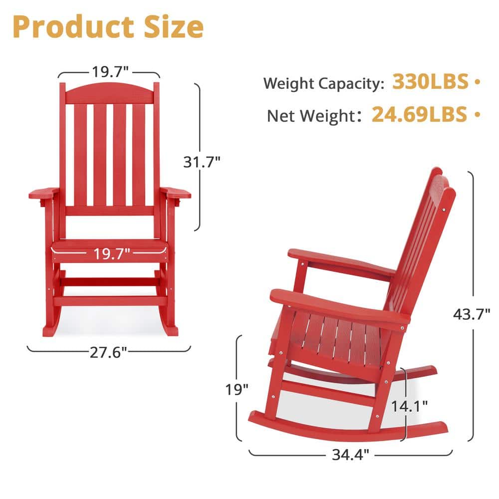 Bright Red HDPE Plastic Adirondack Outdoor Rocking Chairs, Set of 2