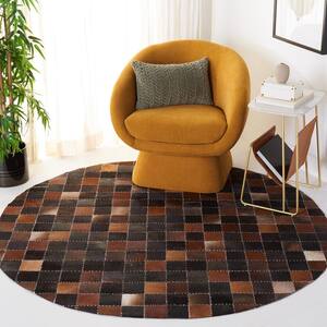 Studio Leather Brown Beige 6 ft. x 6 ft. Plaid Round Area Rug
