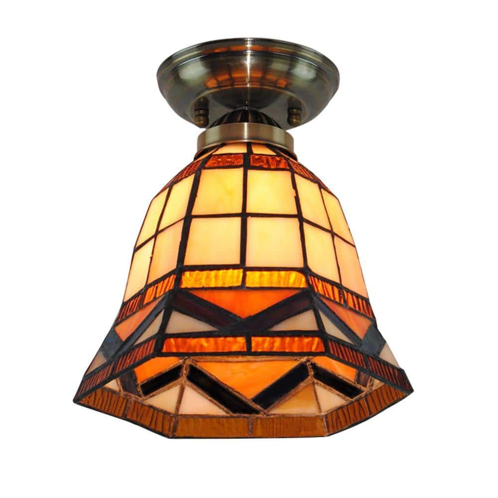 OUKANING 7.87 in. 1-Light Vintage Stained Glass Shade Flush Mount