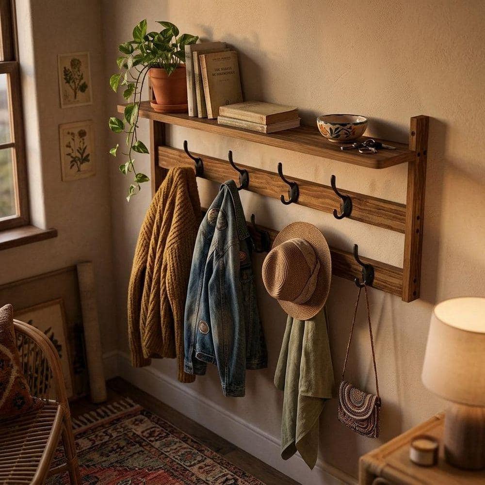 28 in. Brown Wood Wall Mount Coat Rack with 9 Metal Hooks for