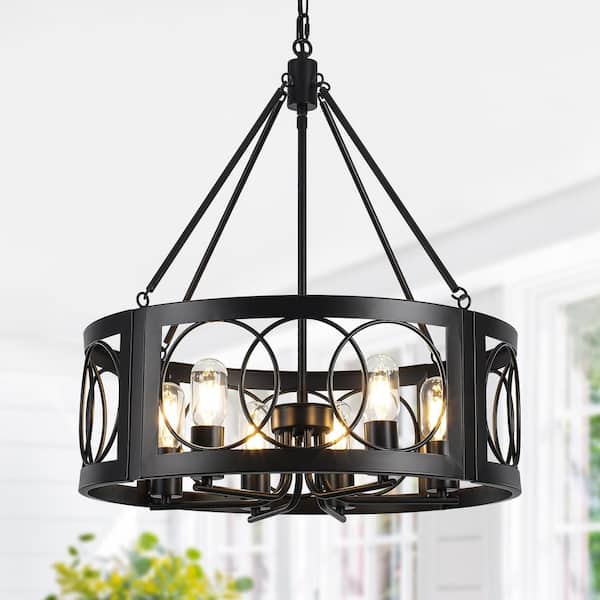 6-Light Black Drum Farmhouse Rustic Chandelier Adjustable Pendant Light for Dining Room Kitchen Island Foyer Entryway