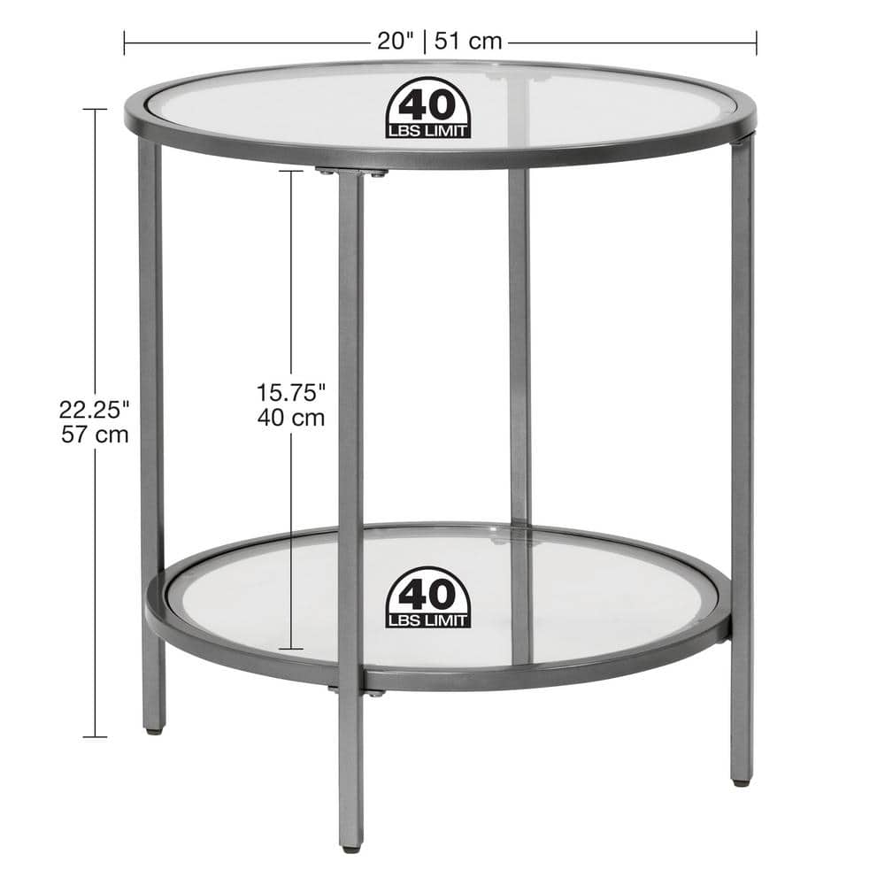 Pewter Round Metal and Glass End Table, 20 Inches