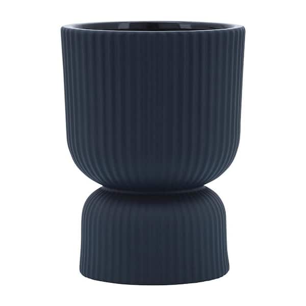 Liv & Skye 6 in. Blue Stoneware Round Ribbed Abstract Decorative Vase
