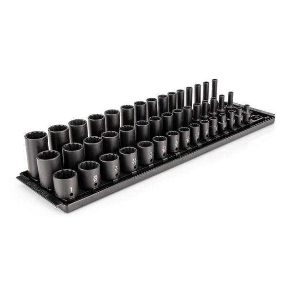 3/8 Inch Drive Shallow, Semi-Deep, and Deep 12-Point Impact Socket Set with Rails and Trays, 45-Piece (1/4-1 in. )
