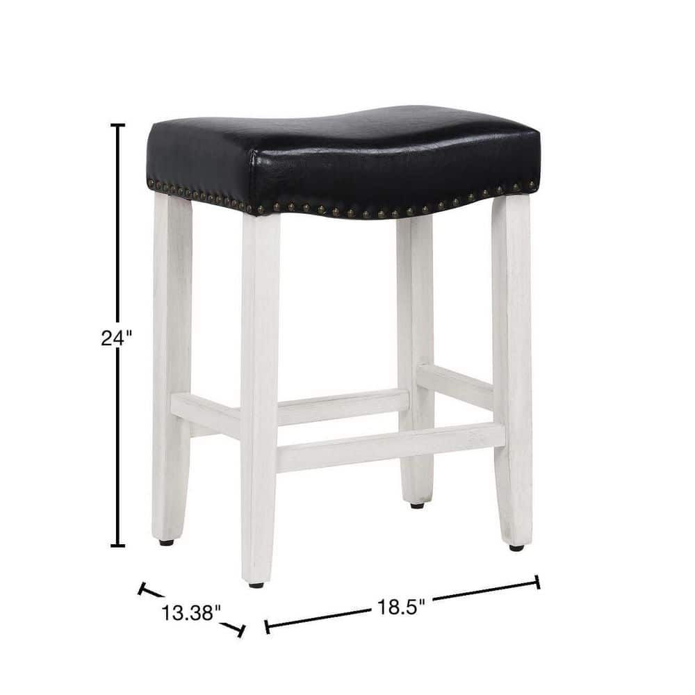 24" Black Leather & Wood Saddle Style Backless Barstool