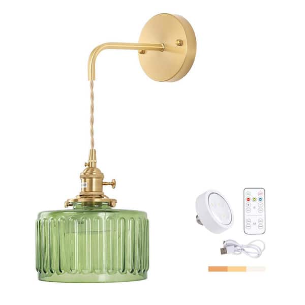 Ahfiwaso Retro 4.72 in. 1-Light Gold Battery Operated Vintage Smart Home Wall Sconce with Stripe Green Glass Shade with Remote
