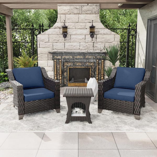 Gardenbee 3-Piece Wicker Outdoor Patio Conversation Lounge Chair Set with Side Table and Blue Cushions