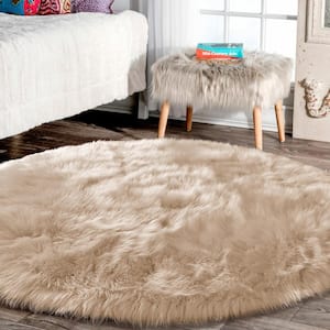 Faux Sheepskin Fur Beige 10 ft. Fuzzy Cozy Furry Rugs Round Area Rug